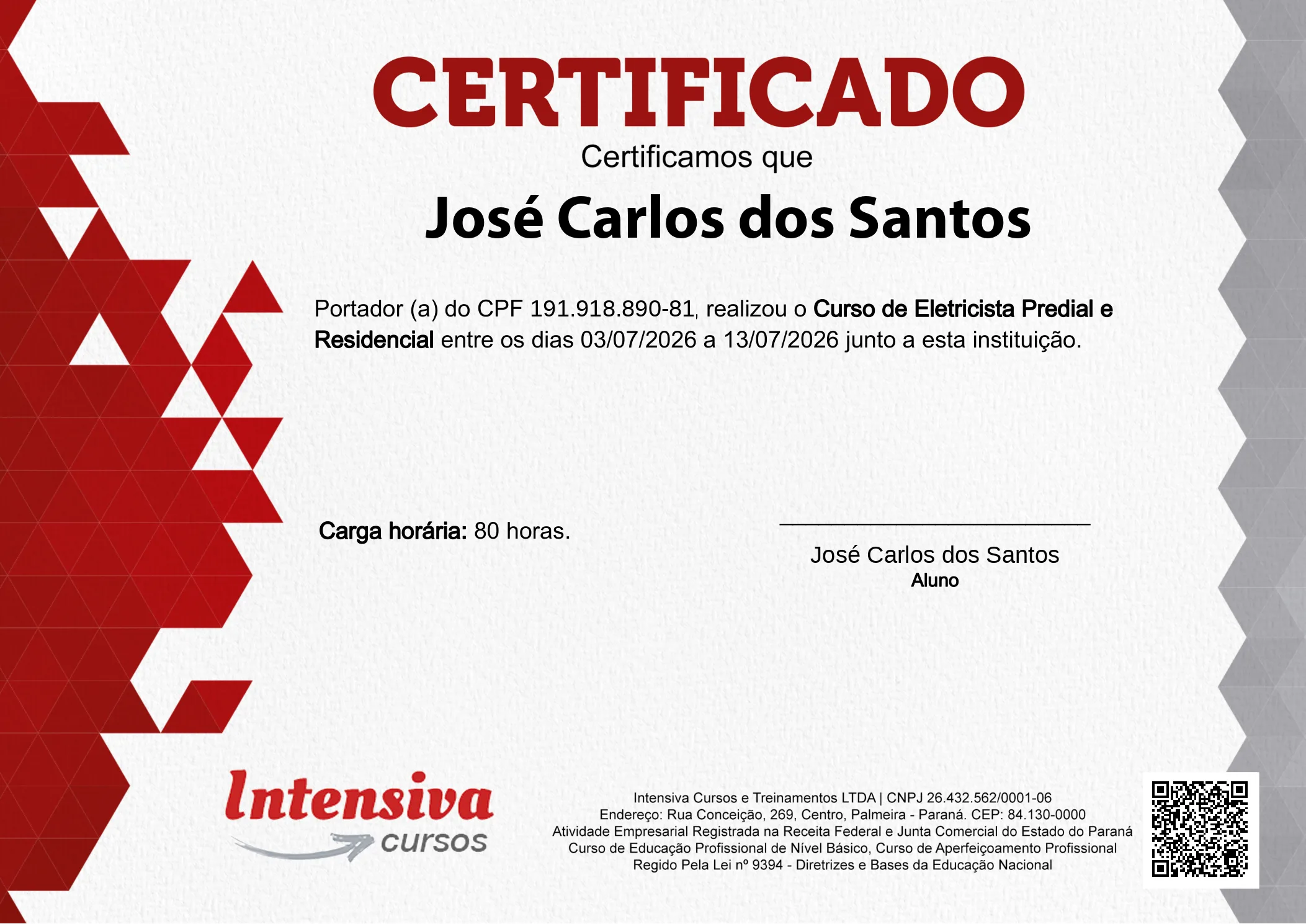 Certificado de Eletricista · frente
