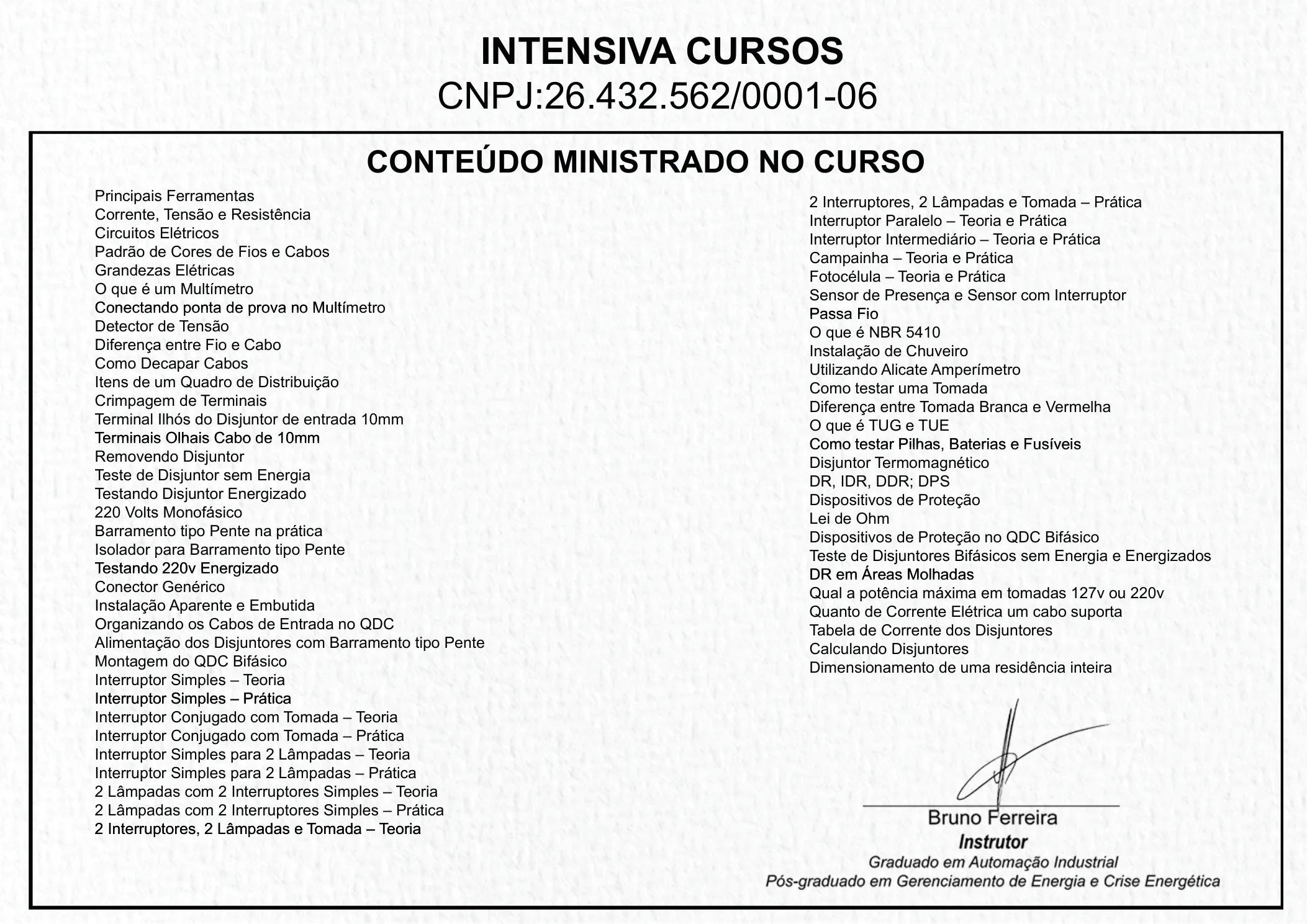 Certificado de Eletricista · conteúdo ministrado