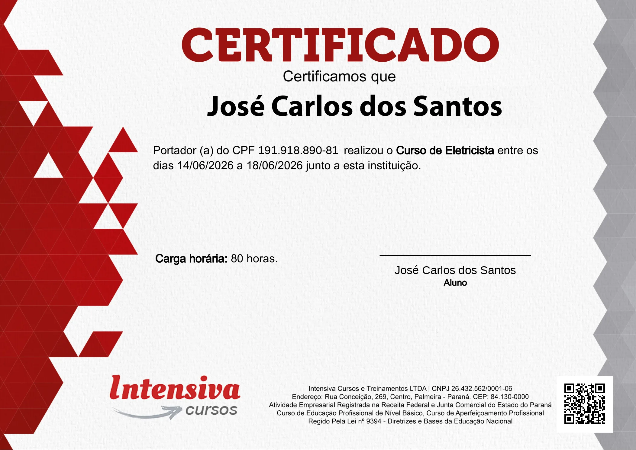 Certificado de Eletricista · frente