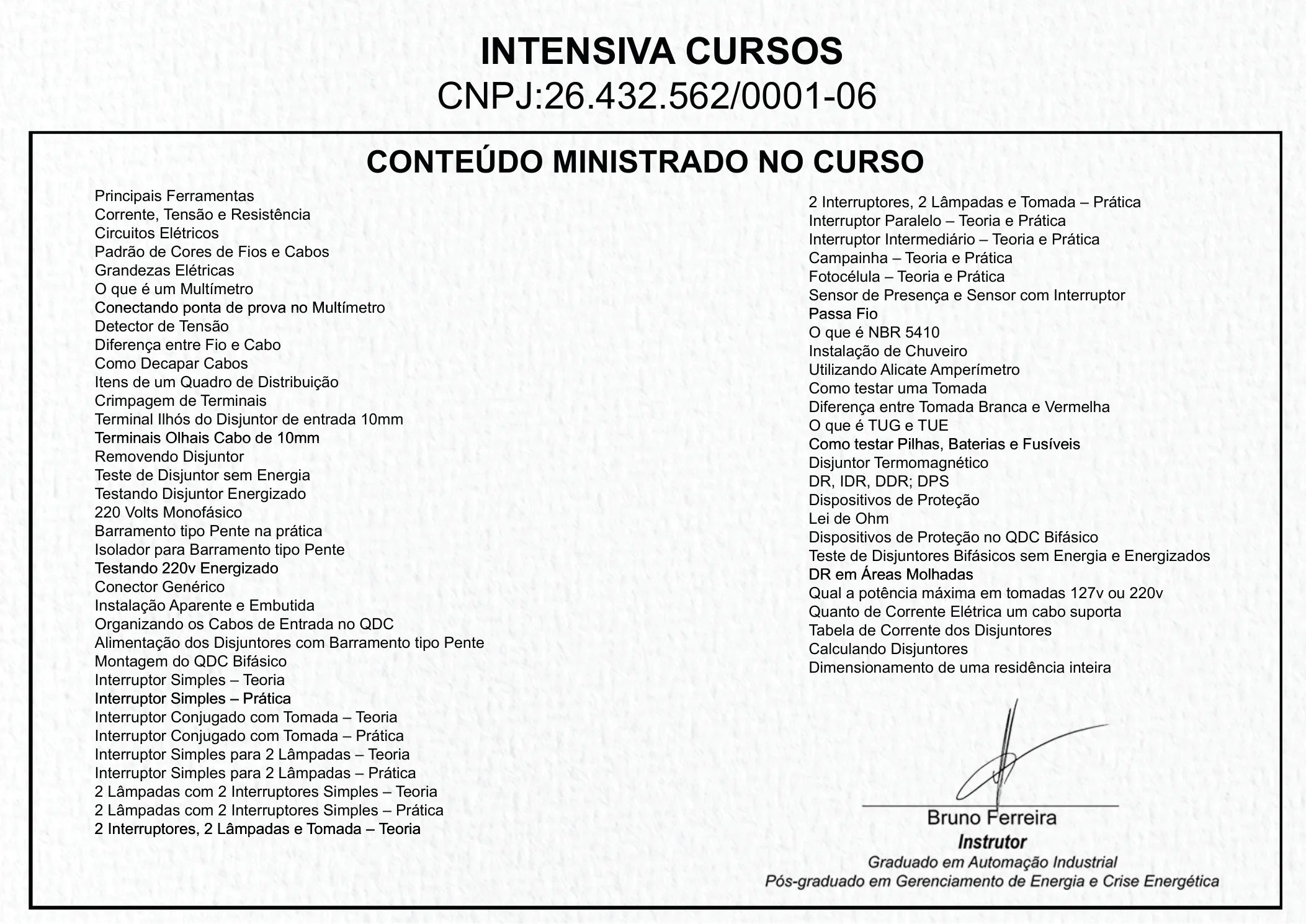 Certificado de Eletricista · conteúdo