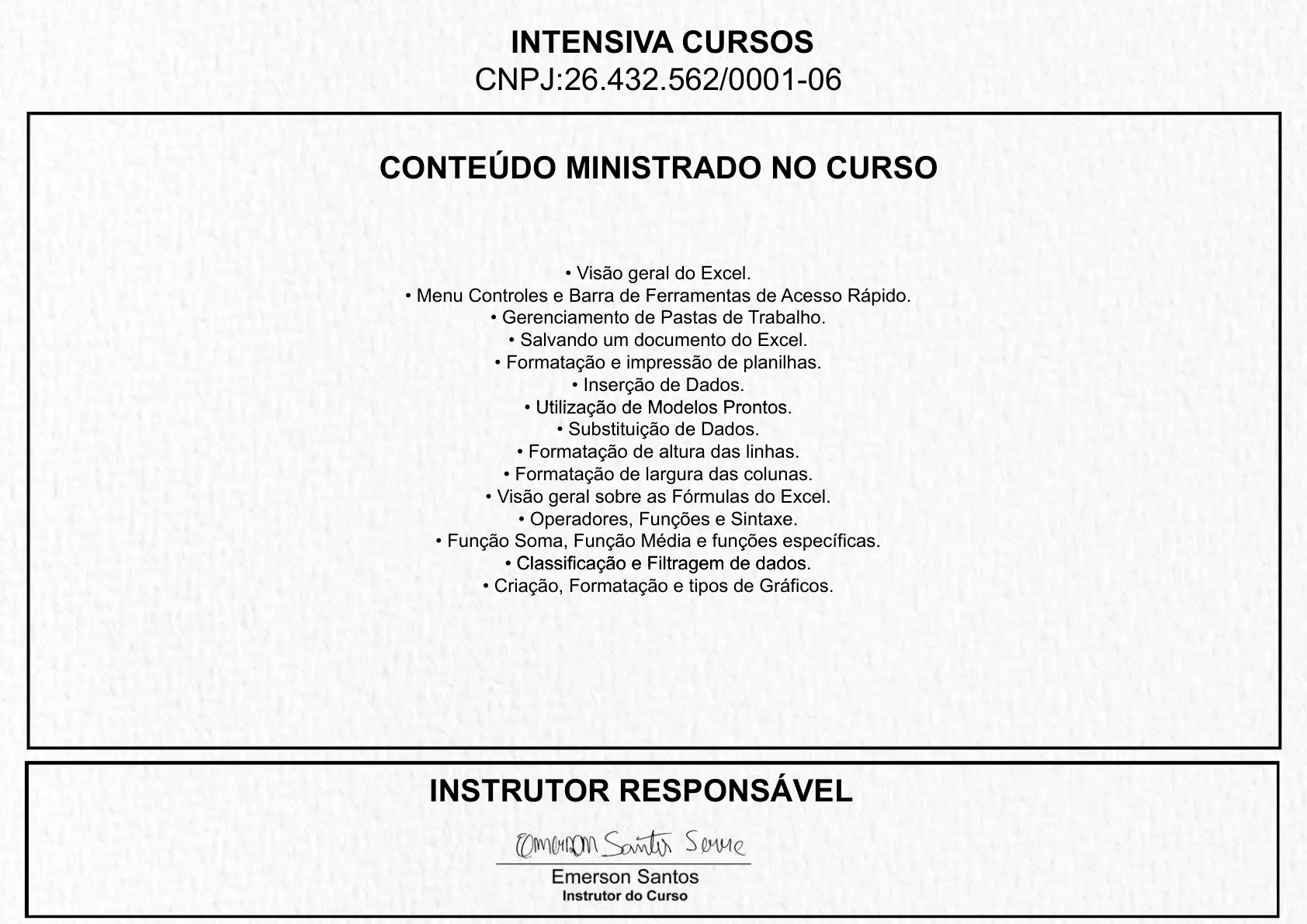Certificado de Excel · conteúdo programático