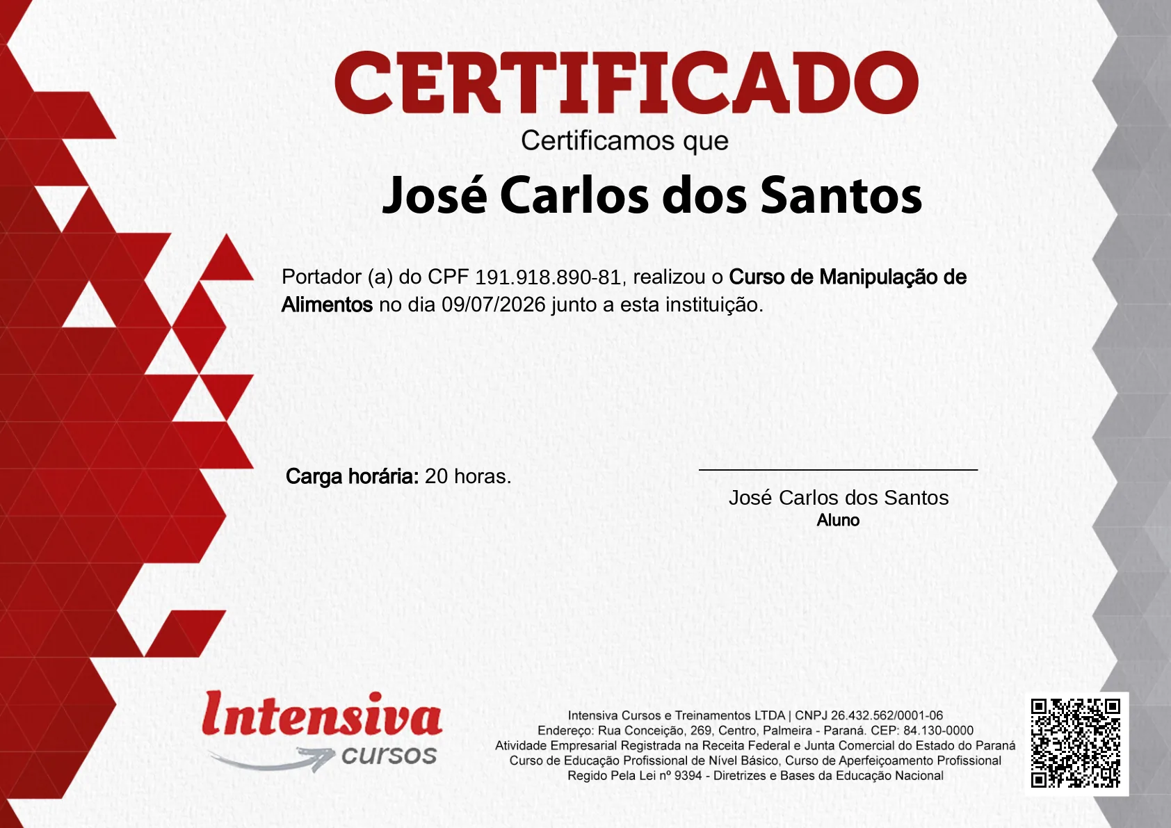 Certificado de Manipulação de Alimentos · frente