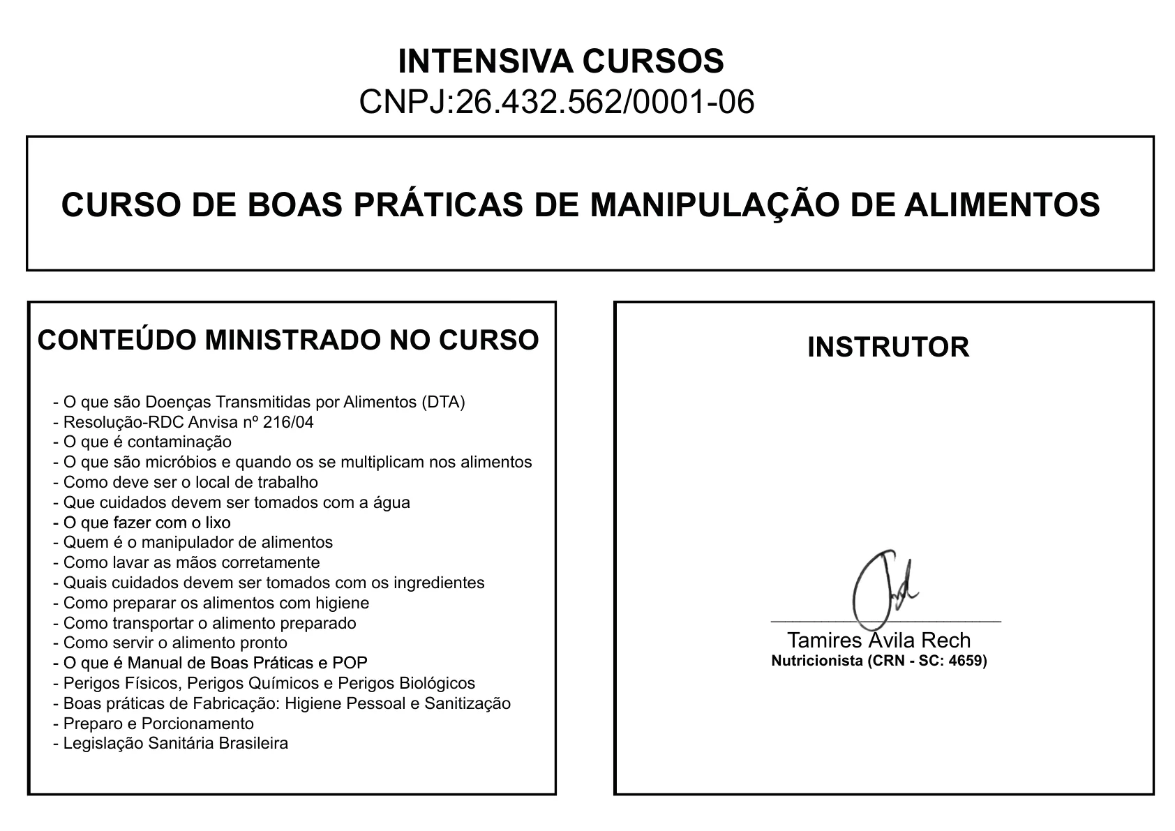 Certificado de Manipulação de Alimentos · conteúdo e instrutora