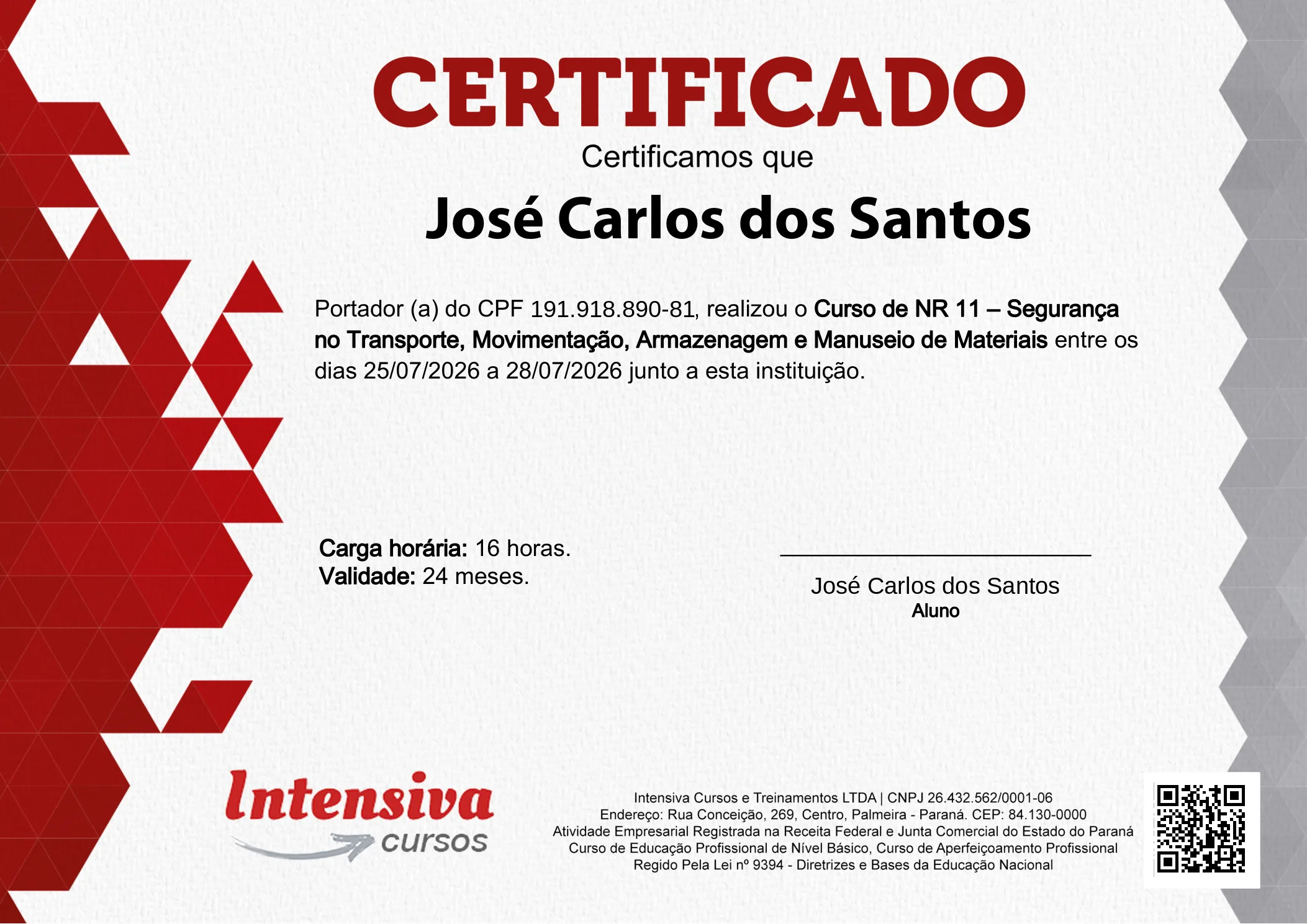 Certificado de NR 11 · 1 de 3