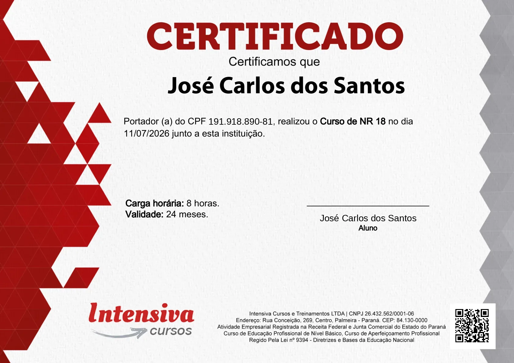 Certificado de NR 18 · 1 de 3