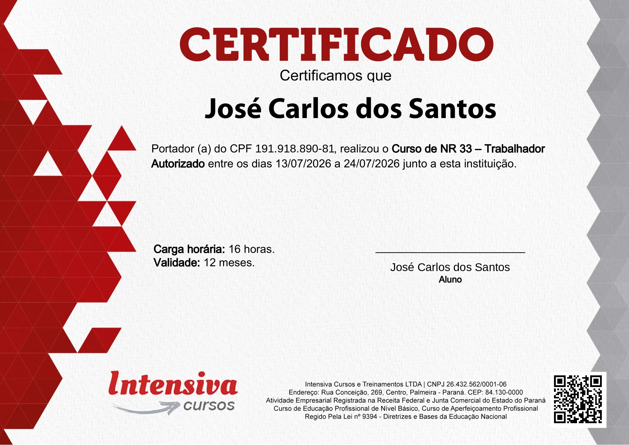 Certificado de NR 33 · 1 de 3