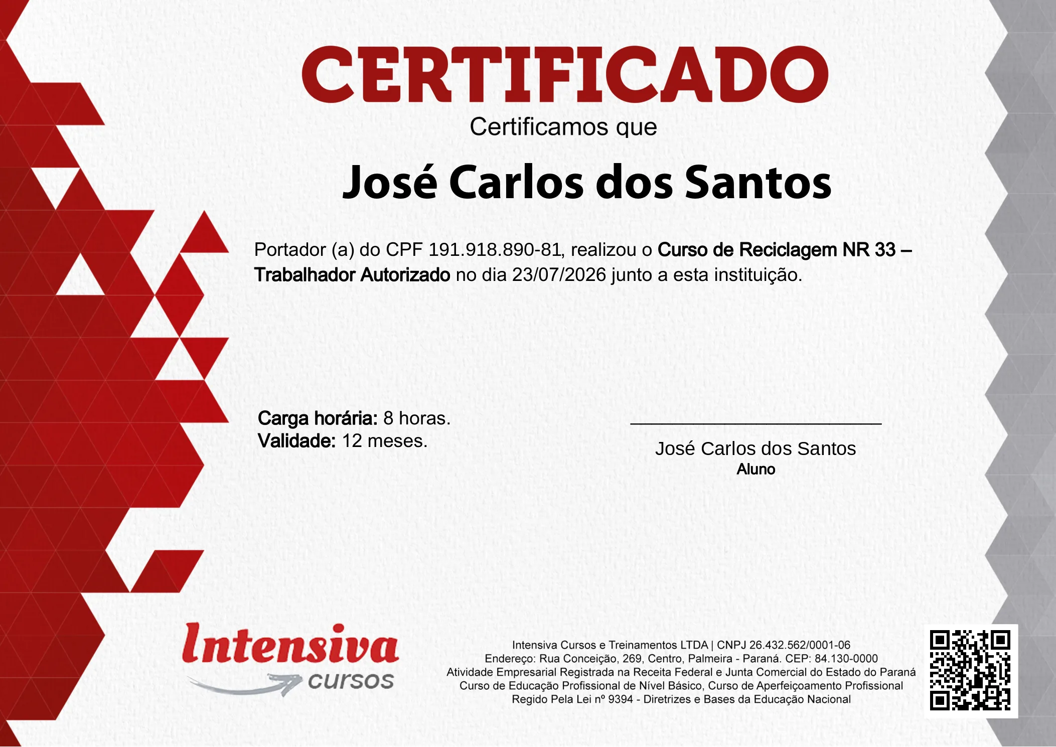 Certificado de Reciclagem NR 33 · 1 de 3