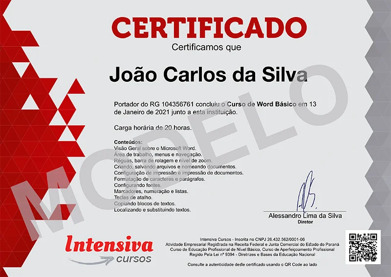 Modelo de Certificado do Curso de Word Básico - Intensiva Cursos